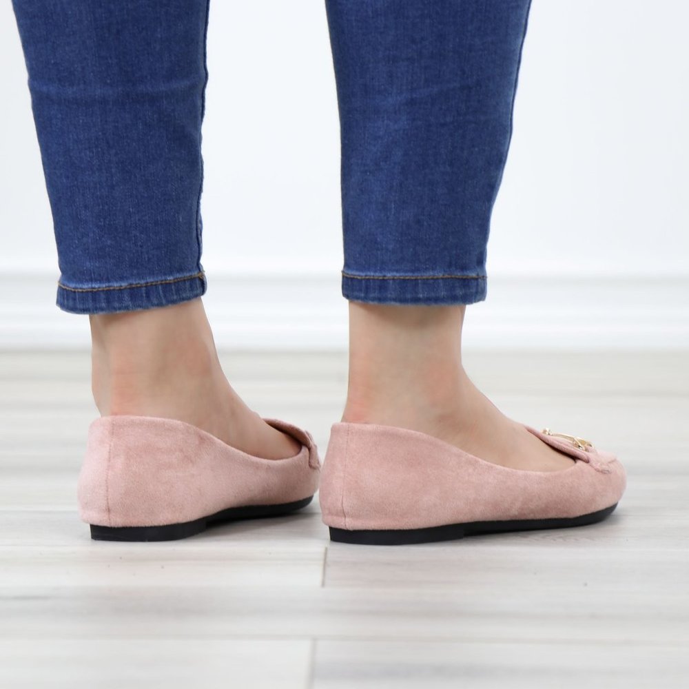 Pink Faux Suede Pointed Toe No Heel Flat Loafers Shoe Gold Accent Decor Slip On - Picture 9 of 14